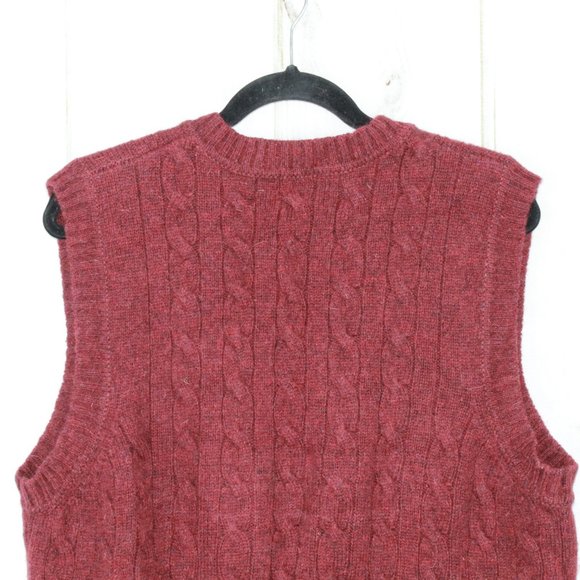 LL Bean Red 100% Wool Shetland V-Neck Cable Knit Pullover Vest Size L - Picture 7 of 9